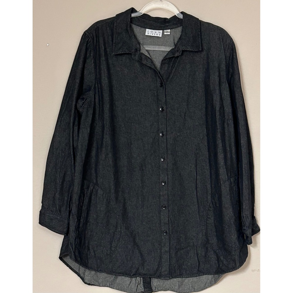 Joan Rivers Classics Black Denim Button Down Shirt Pockets Back Detail 1X